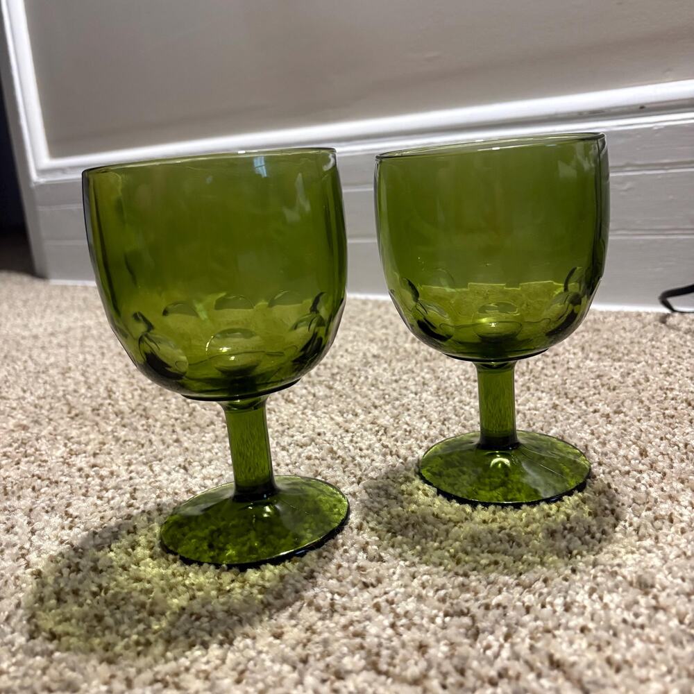 Vintage Bartlett Collins Avocado Green glass goblets thumbprint design set of 2